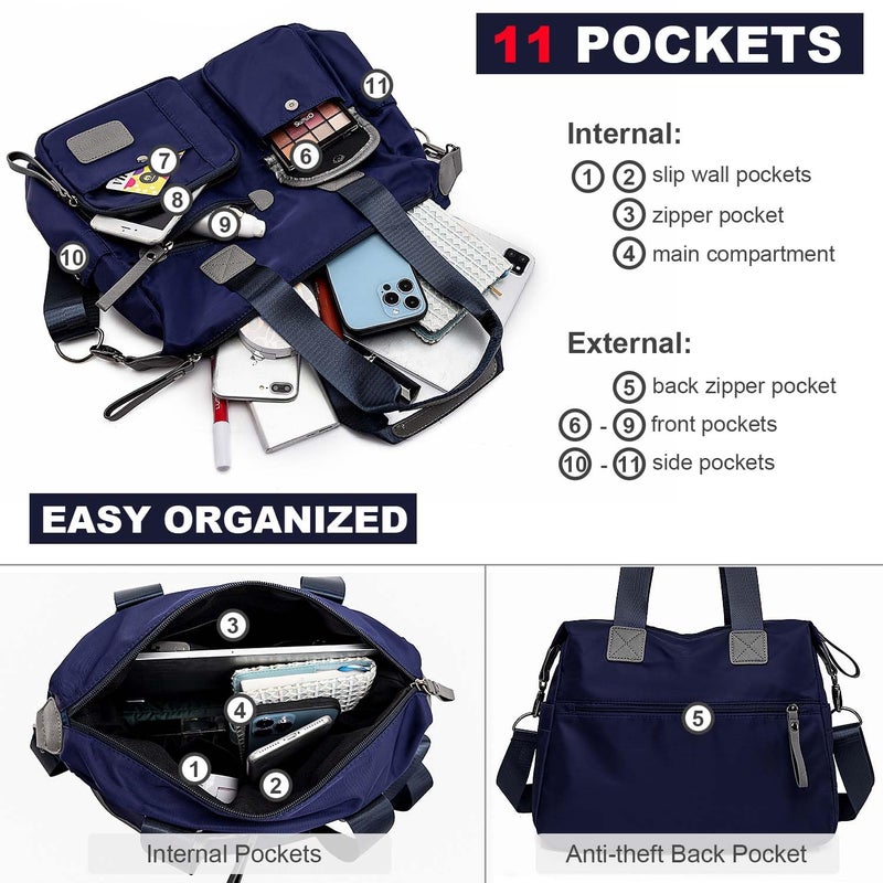 YouNuo Women Nylon Tote with Multiple Pockets & Zipper, Work Nursing Bag, Large Shoulder Purse,Waterproof Galaxy Cross body Bag for Travel (Pure Navy Blue) - Image 5